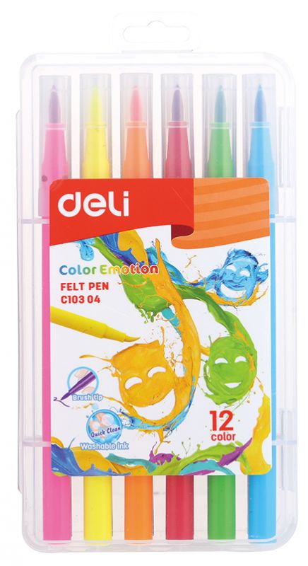 Фломастеры Deli EC10304 Color Emotion кисть смываемые 12цв. пластиковый пенал (12шт.) (Только Упаковками 12)