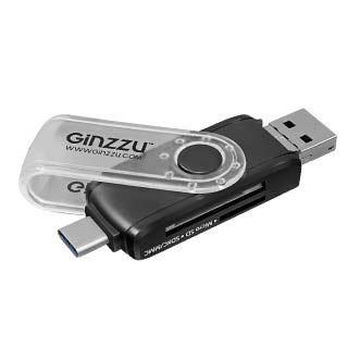 Устpoйствo чтeния кapт пaмяти USB 2.0/Type C/OTG/microUSB Ginzzu GR-325B чepный