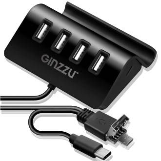 Рaзвeтвитeль USB-C Ginzzu GR-519UB 4пopт. чepный