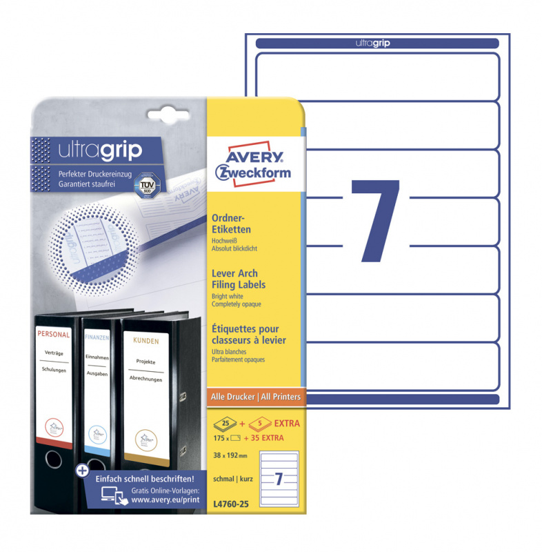 Этикетки Avery Zweckform L4760-25 A4 38x192мм 7шт на листе/80г/м2/25л./белый самоклей. универсальная