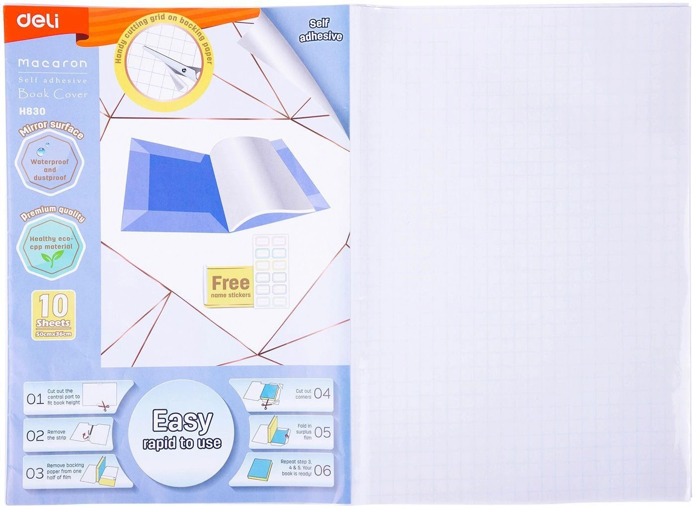Пленка Deli EH830 Macaron для книги (набор 10шт) ПП 80мкм гладкая прозр. 360х500мм (Только Упаковками 50)