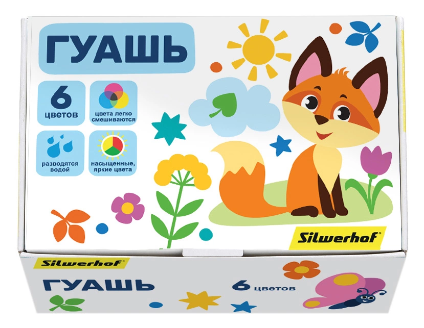 Гуашь Silwerhof Веселые друзья 6цв. бан. 10мл. картон.кор. (Только Упаковками 36)