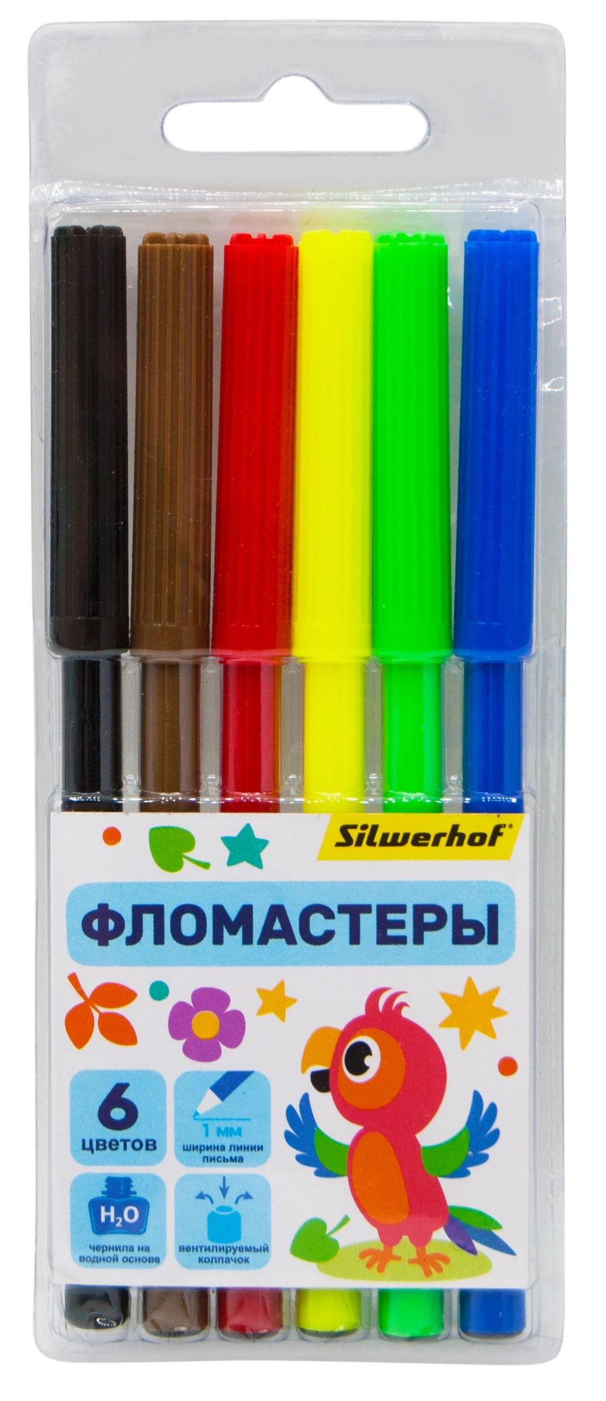 Фломастеры Silwerhof Веселые друзья 7.5мм 125мм круг. Вентилируемый 6цв. пакет с европодвесом (Кратно 12)