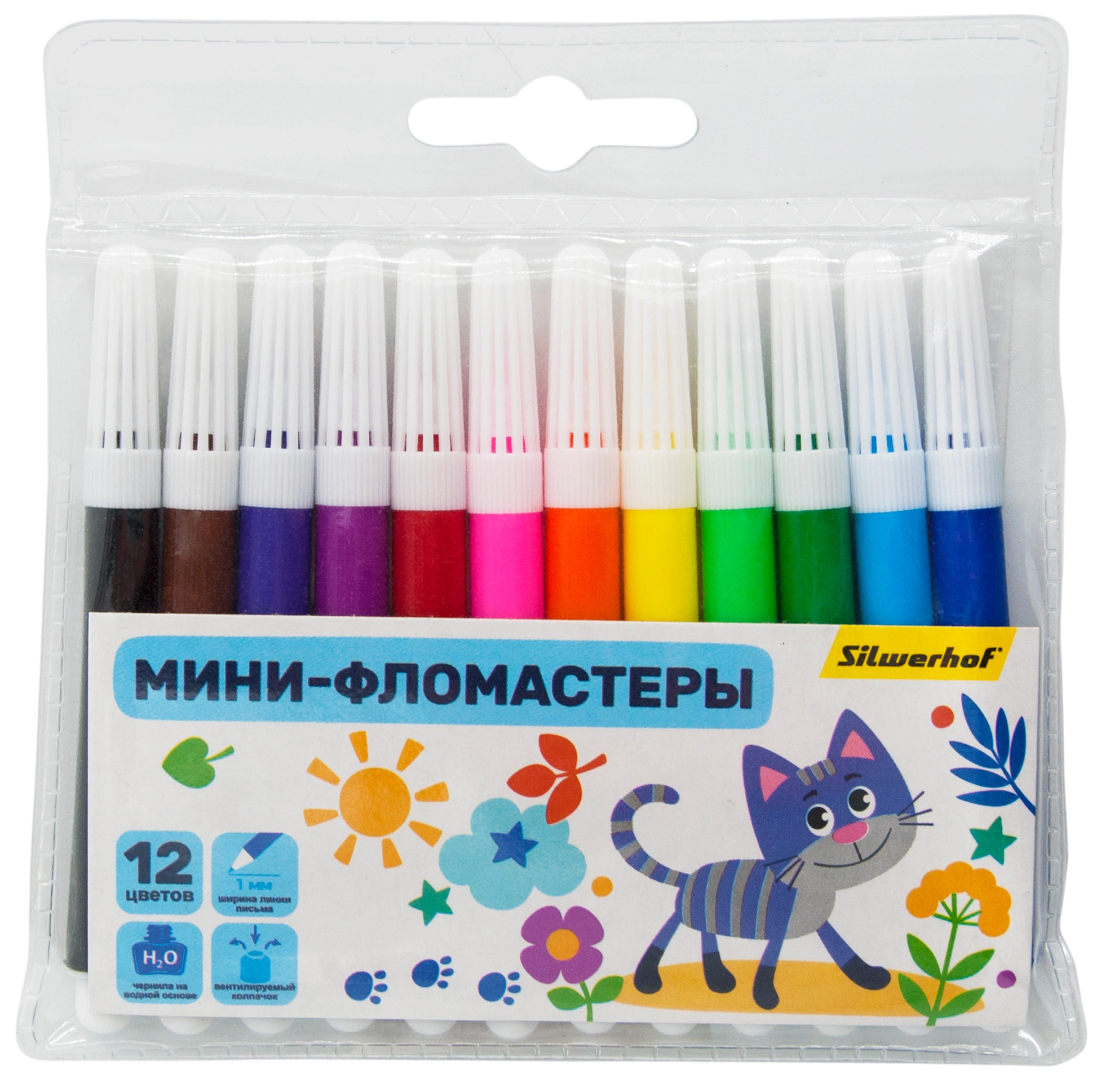 Фломастеры Silwerhof Веселые друзья 8мм 88мм круг. Вентилируемый 12цв. пакет с европодвесом (Кратно 12)