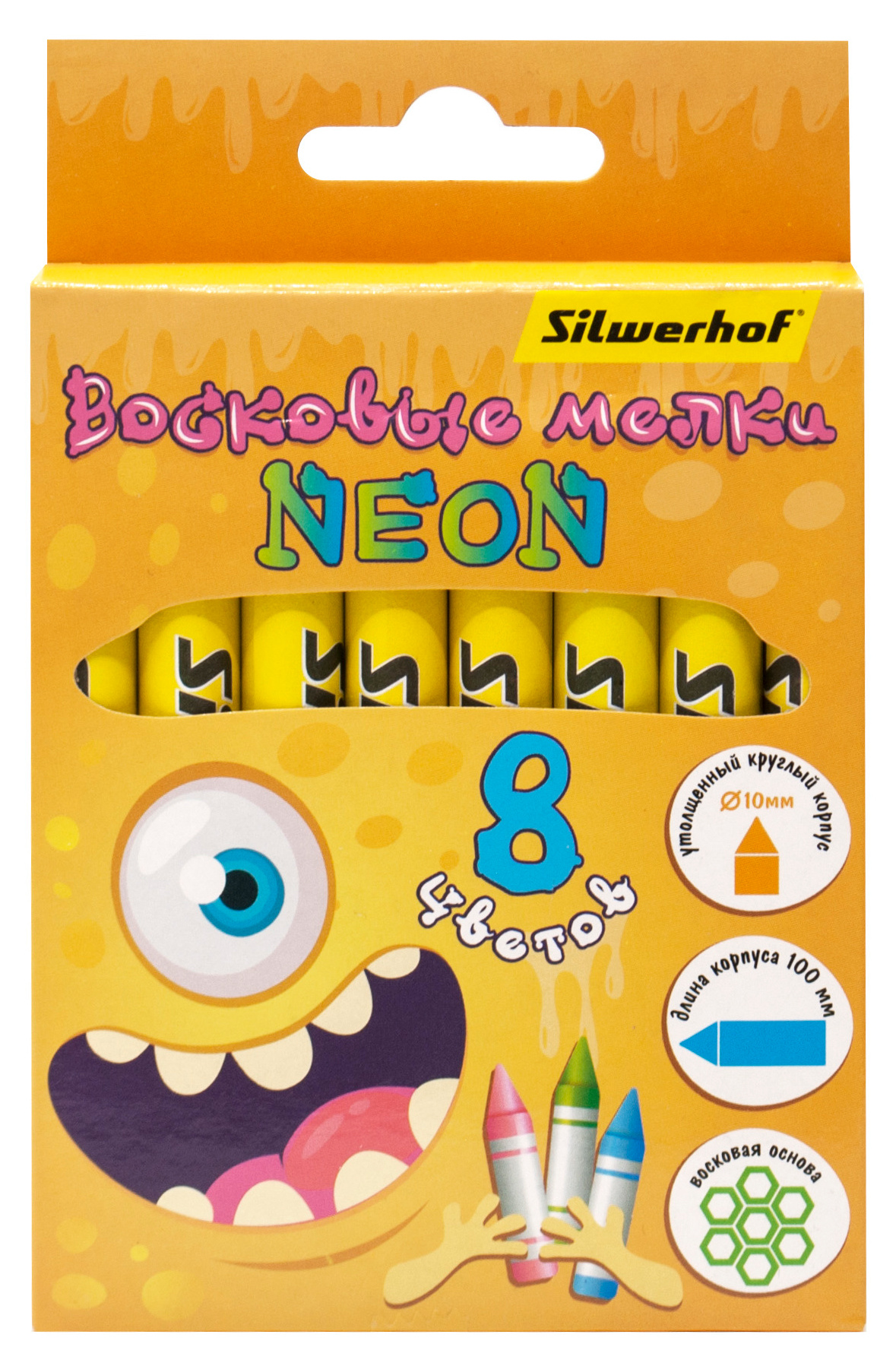 Восковые мелки Silwerhof Neon Монстрики 8цв. дл.100ммд.10мм картон.кор. (Только Упаковками 50)