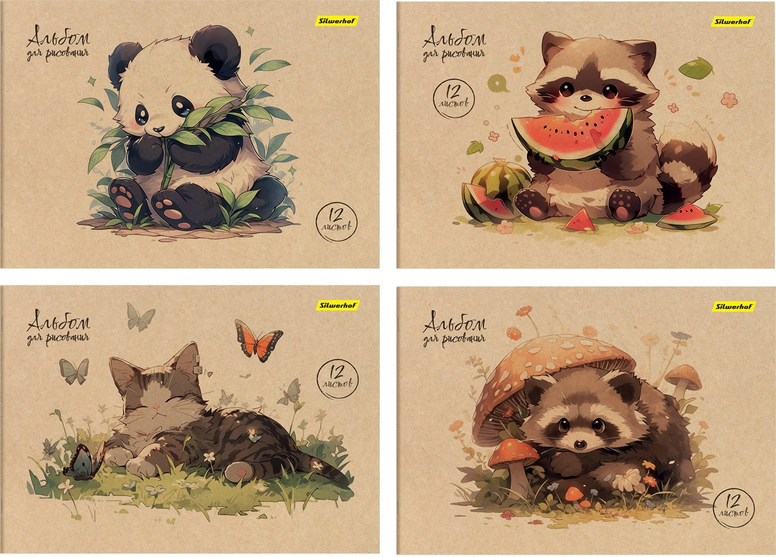 Альбом для рисования Silwerhof 12л. A4 Акварель на крафте 4диз. мел.картон скрепка (упак.:4шт) (Только Упаковками 14)