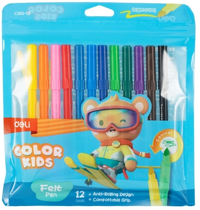 Фломастеры Deli EC161-12 Color Kids круг. конический пиш. наконечник Вентилируемый 12цв. пакет с европодвесом (Только Упаковками 20)