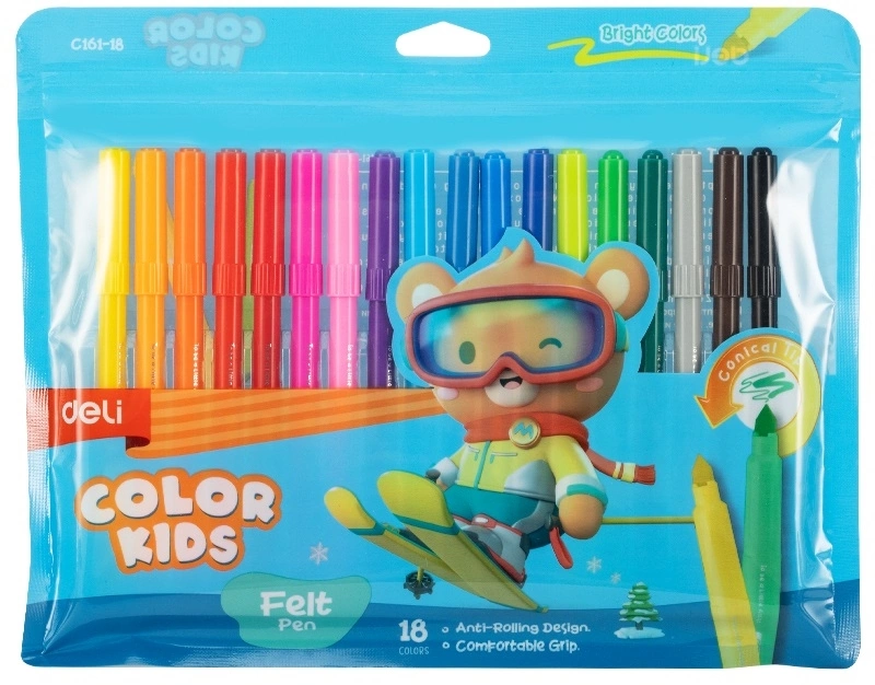 Фломастеры Deli EC161-18 Color Kids круг. конический пиш. наконечник Вентилируемый 18цв. пакет с европодвесом (Только Упаковками 12)