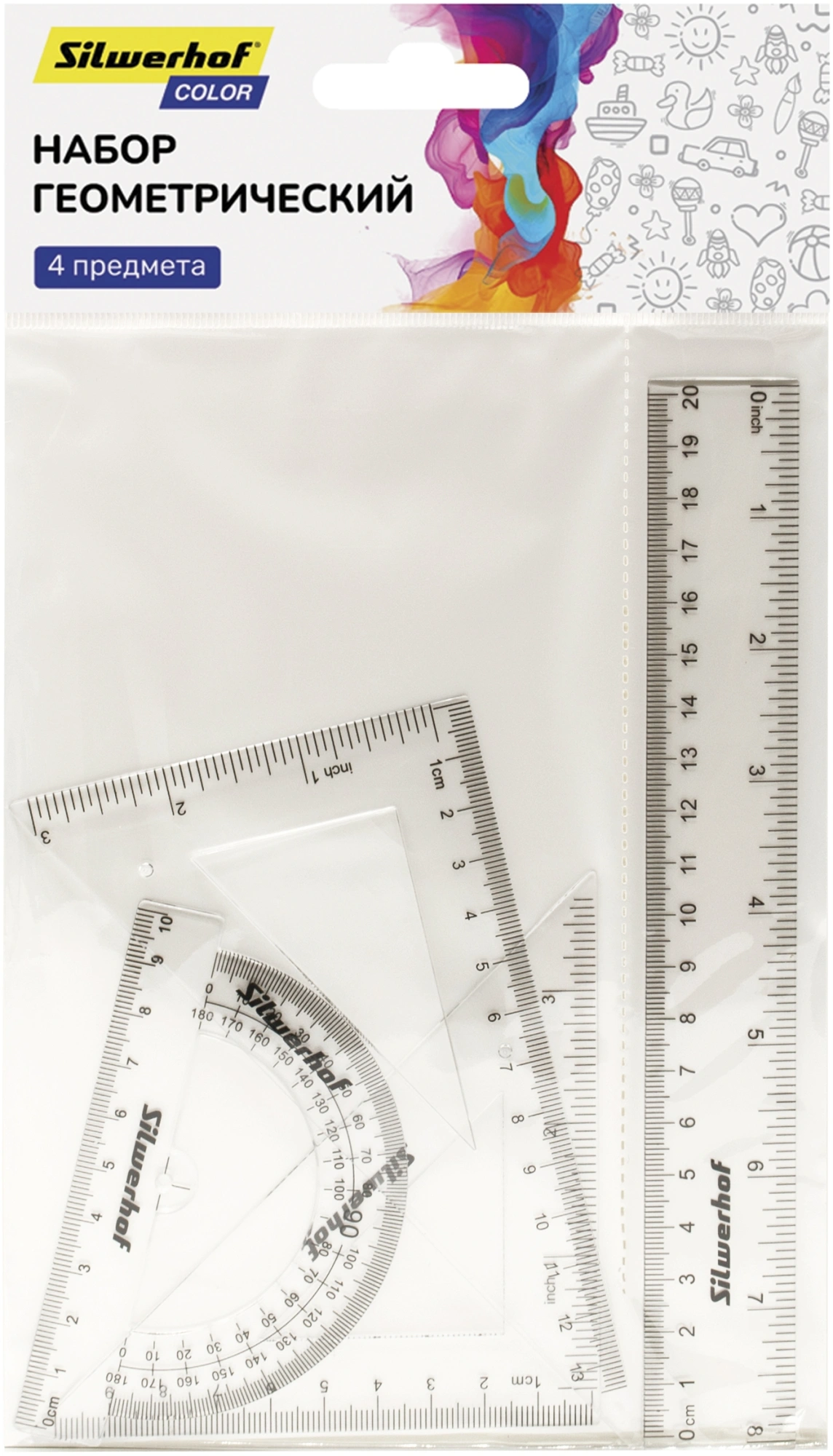 Набор линеек Silwerhof Color пластик прозрачный компл.:лин.20см/угольн.30х14см/угольн.45х10см/трансп.180 (Только Упаковками 24)