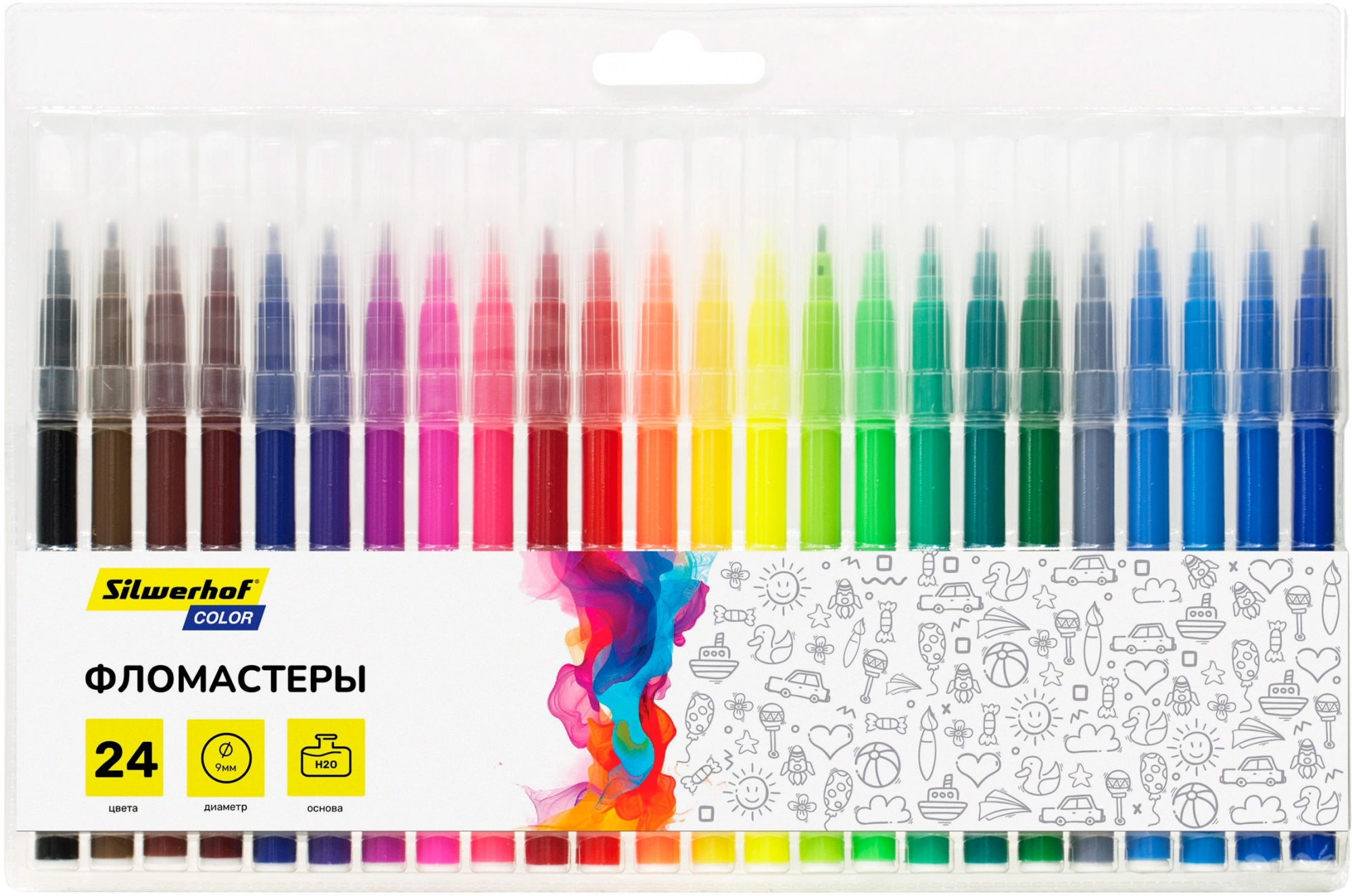 Фломастеры Silwerhof Color 9мм 145мм круг. пулевидный пиш. наконечник Вентилируемый 24цв. пакет с европодвесом (Только Упаковками 12)