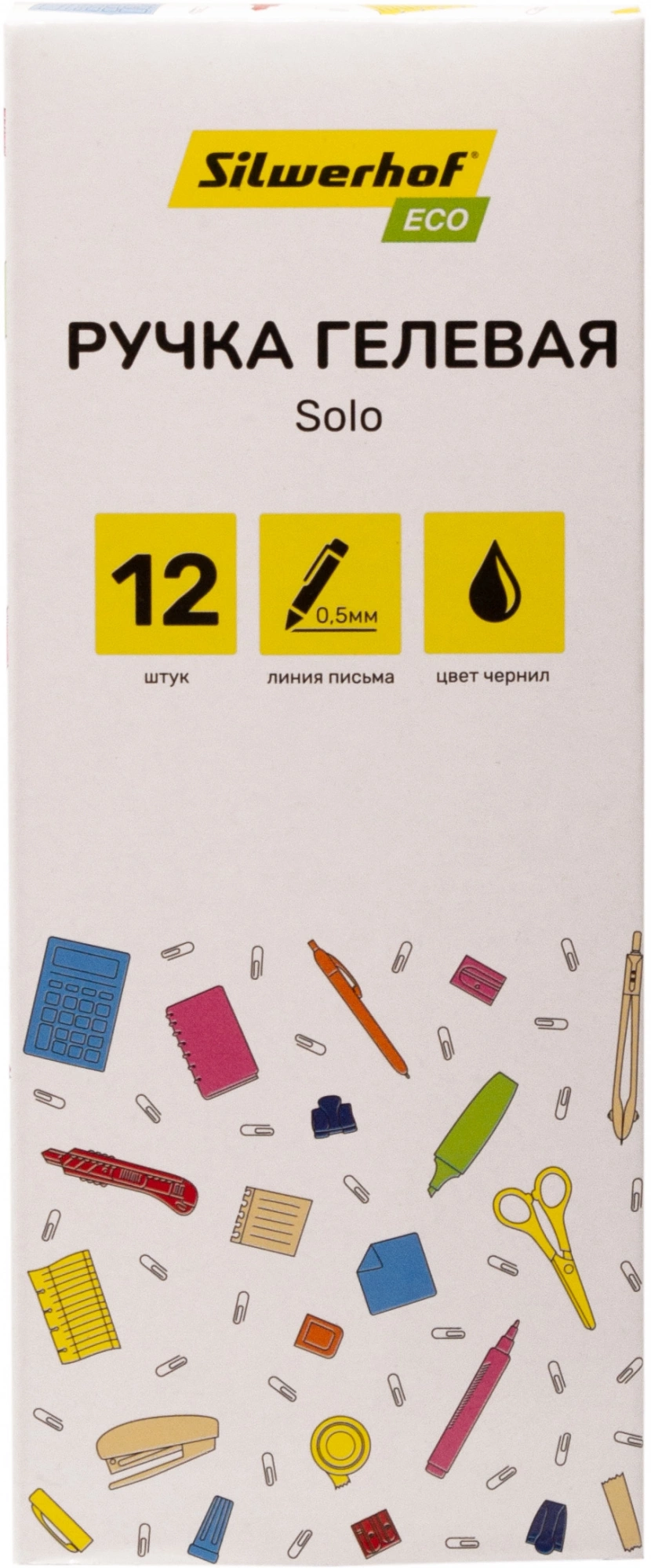 Ручка гелев. Silwerhof Eco Solo d=0.5мм черн. черн. кор.карт. сменный стержень игловидный пиш. наконечник линия 0.3мм (Только Упаковками 12)