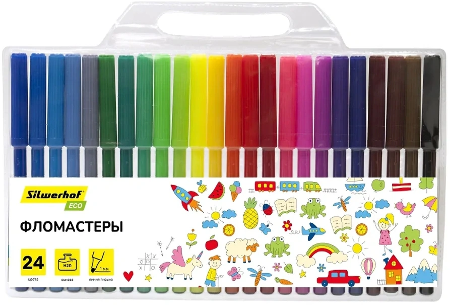 Фломастеры Silwerhof Eco 7.5мм 125мм Вентилируемый 24цв. пакет с европодвесом (Только Упаковками 12)