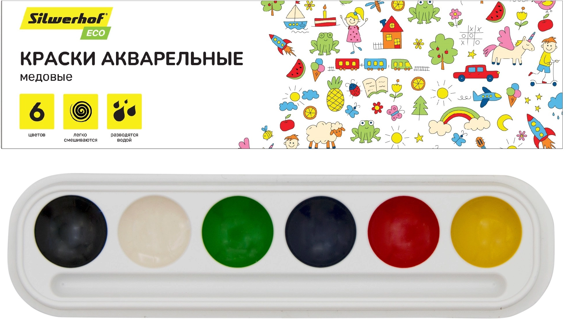 Краски акварельные Silwerhof Eco медовые 6цв. без кисти картон.кор. (Только Упаковками 20)