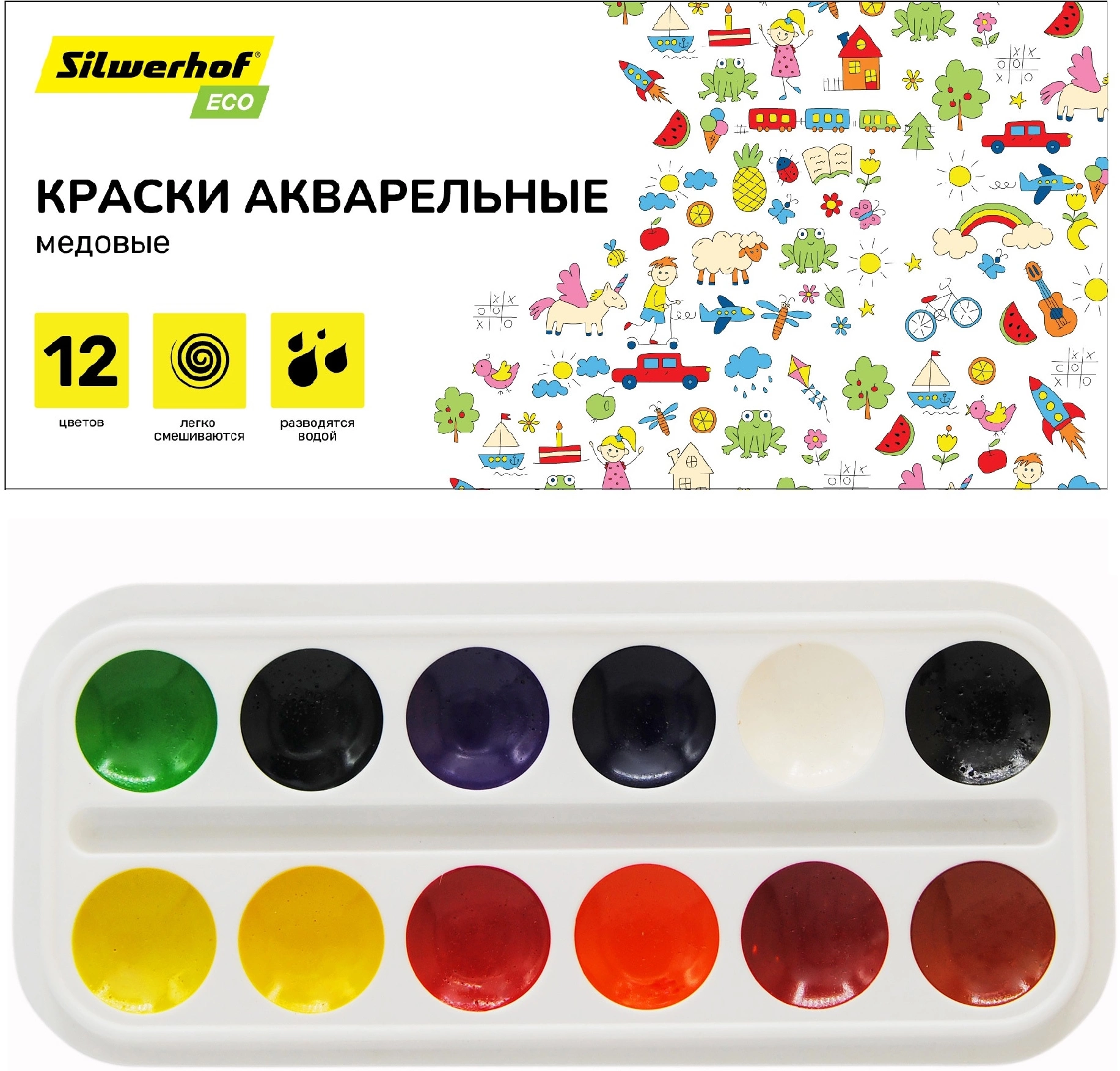 Краски акварельные Silwerhof Eco медовые 12цв. без кисти картон.кор. (Только Упаковками 20)