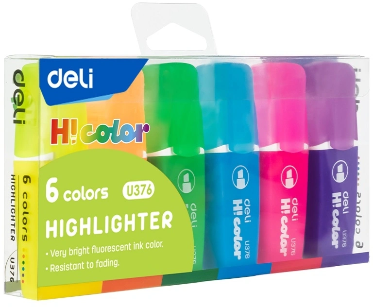 Набор текстовыделителей Deli EU376 скошенный пиш. наконечник 1-5мм флуоросцентный 6цв. ассорти пластиковая коробка (6шт.) (Только Упаковками 24)
