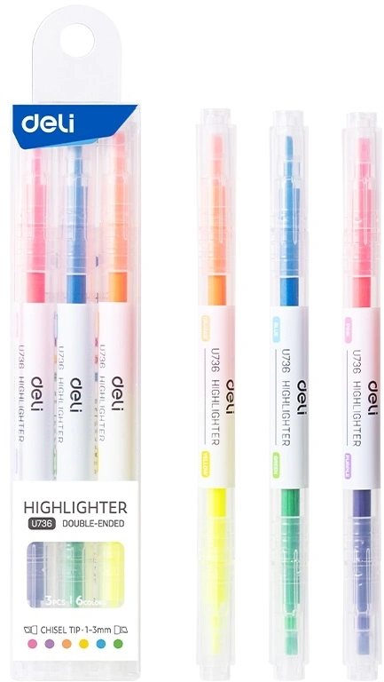 Набор текстовыделителей Deli EU736 скошенный пиш. наконечник двухсторонний 6цв. ассорти ПЭТ-бокс (6шт.) (Только Упаковками 24)