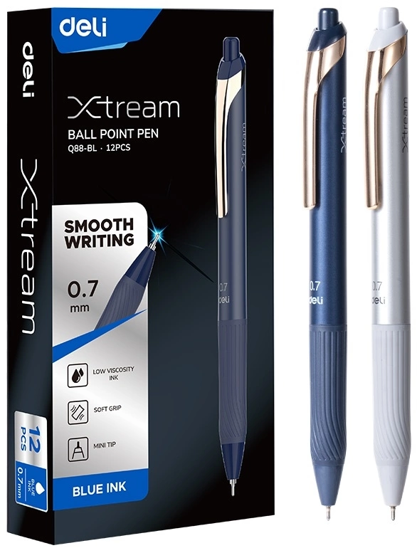 Ручка шариков. автоматическая Deli EQ88-BL d=0.7мм син. черн. карт.уп. игловидный пиш. наконечник резин. манжета чернила пониженной вязкости (Только Упаковками 12)