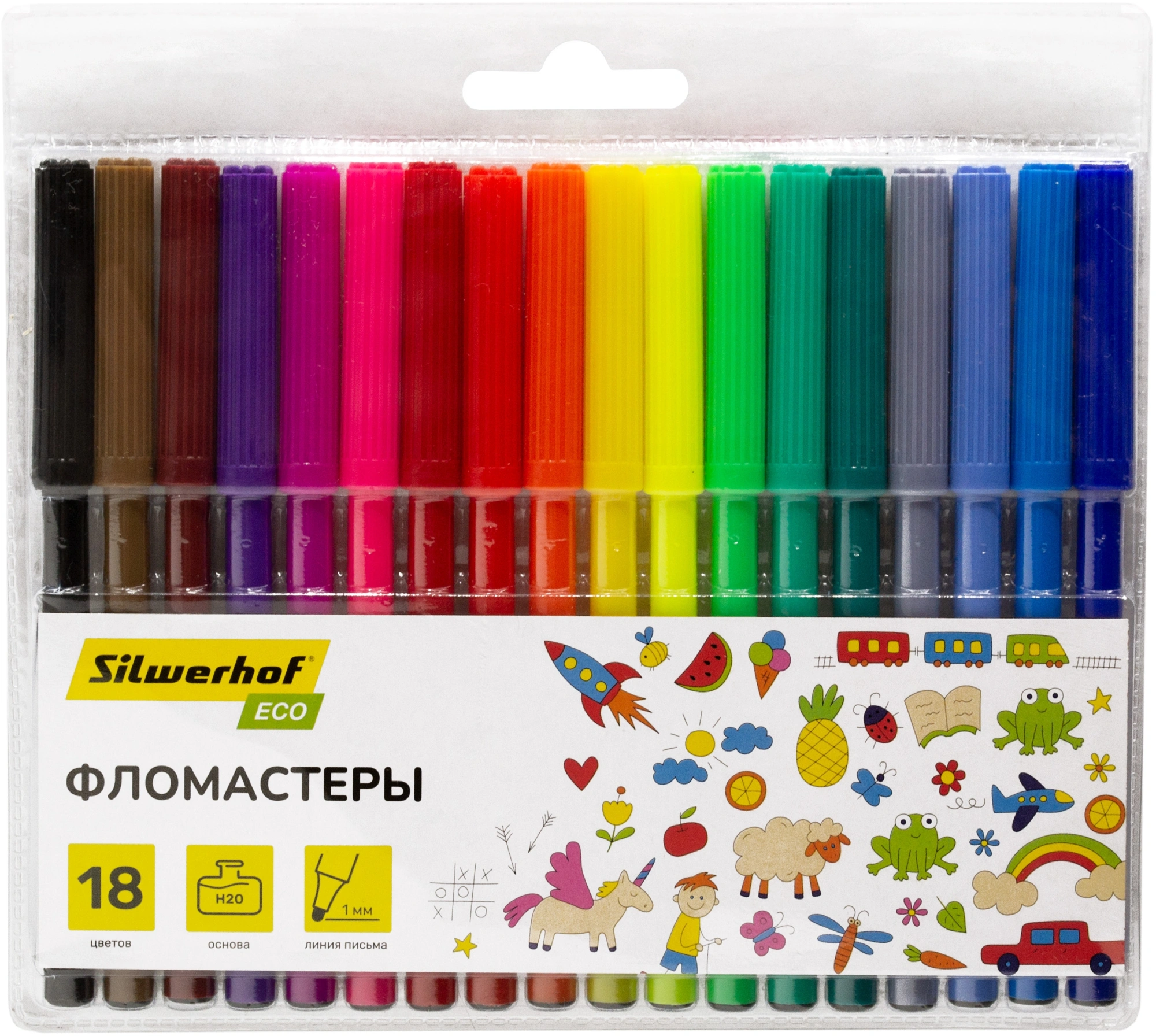 Фломастеры Silwerhof Eco 7.2мм 125мм круг. Вентилируемый 18цв. пакет с европодвесом (Только Упаковками 12)