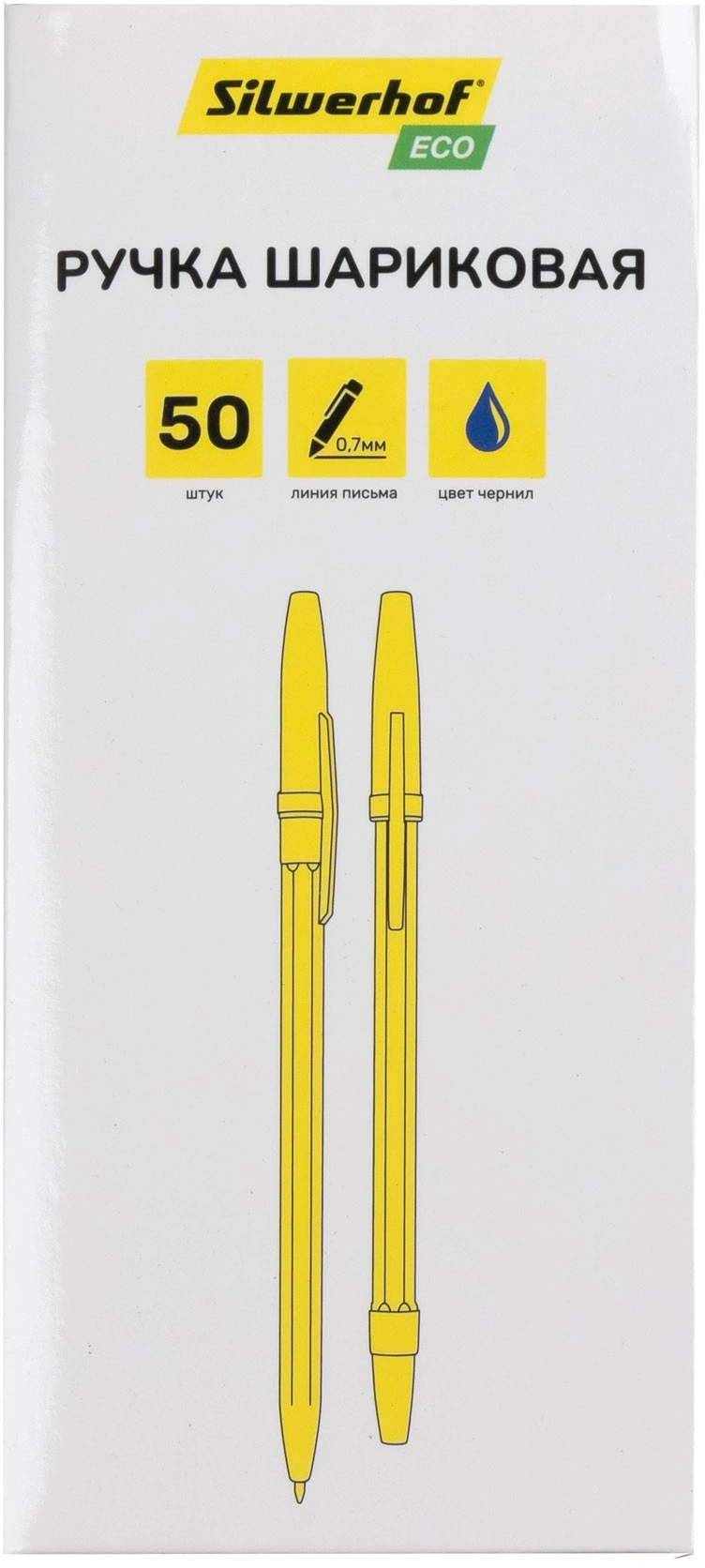 Ручка шариков. Silwerhof Eco желтый/синий d=1мм син. черн. сменный стержень стреловидный пиш. наконечник линия 0.7мм шестигр. без инд. Маркировки (Только Упаковками 50)