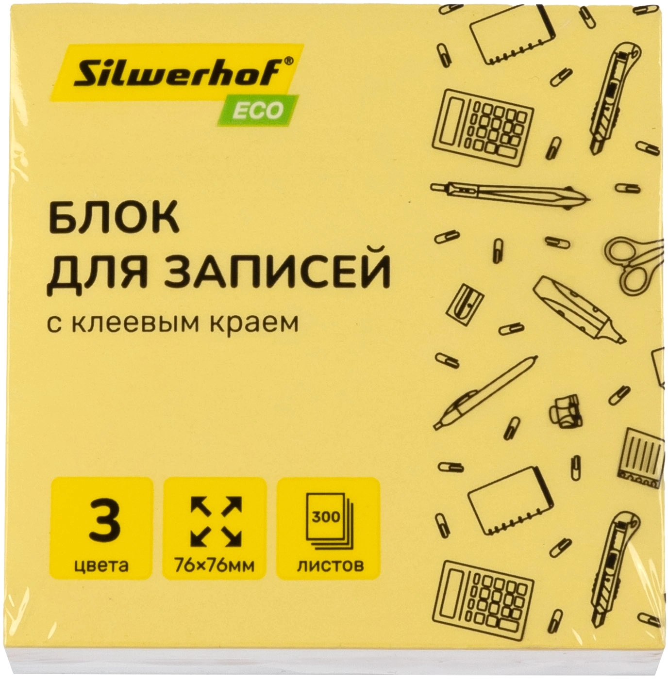 Блок самоклеящийся бумажный Silwerhof Eco 76x76мм 300лист. пастель 3цв.в упак. (Только Упаковками 24)