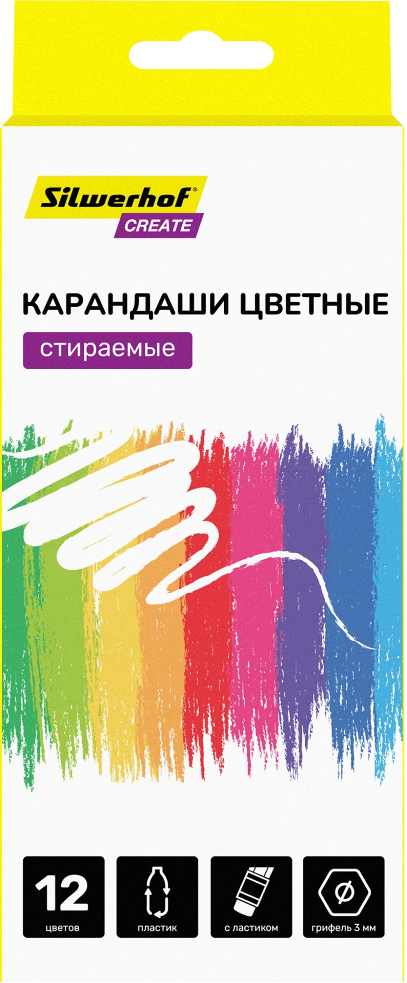 Карандаши цв. Silwerhof Create 3мм шестигран. пластик ассорти 12цв. коробка/европод. ластик (Только Упаковками 12)