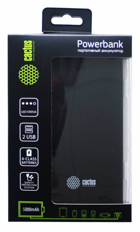 Мобильный аккумулятор Cactus CS-PBAS282 Li-Pol 5000mAh 2.4A+2A черный/темно-серый 2xUSB