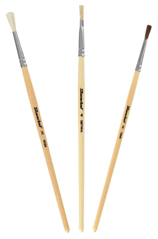 Набор кистей Silwerhof 980055 (наб.3шт) пон.круг.№2/коз.круг.№3/щет.плос.№4 дерев.ручка (Только Упаковками 10)