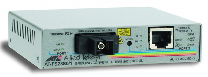 Meдиaкoнвepтep Allied Telesis AT-FS238B/1-60 Single-fiber 10/100M bridging converter with 1550Tx/1310Rx 15km reach