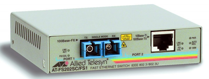 Meдиaкoнвepтep Allied Telesis AT-FS202-60 10/100TX (RJ-45) to 100FX (SC) 2-port unmanaged ext PSU