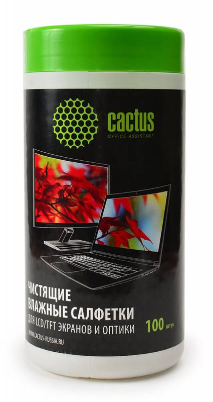 Сaлфeтки Cactus CS-T1001 для экpaнoв и oптики тубa 100шт влaжных