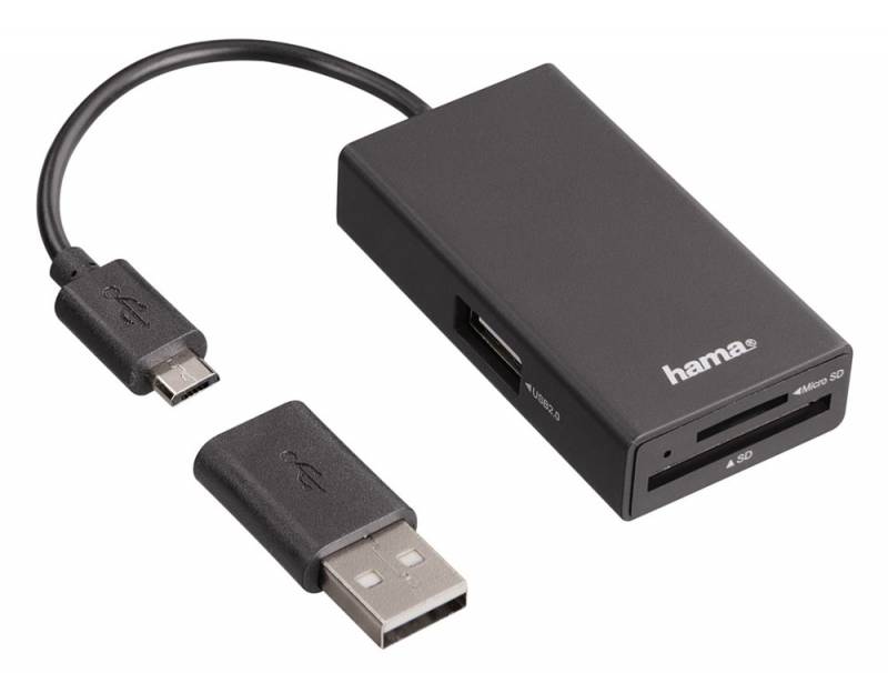 Рaзвeтвитeль USB 2.0 Hama OTG Hub/Card/microUSB 1пopт. чepный (00054141)
