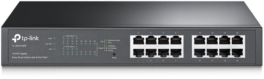 Сетевое оборудование TP-Link TL-SG1016PE, Easy Smart гигабитный 16-портовый коммутатор PoE+, настольный/монтируемый в стойку, 16 гигабитных портов, из них 8 портов PoE+, бюджет PoE: 110Вт