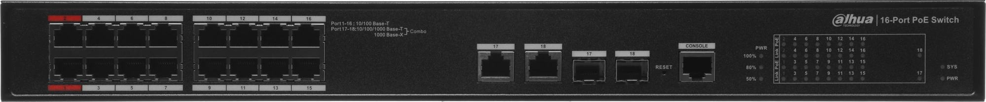 Коммутатор Dahua DH-PFS4218-16ET-190 (L2) 16x100Мбит/с 2x1Гбит/с 2xКомбо(1000BASE-T/SFP) 16PoE управляемый — миниатюра 10