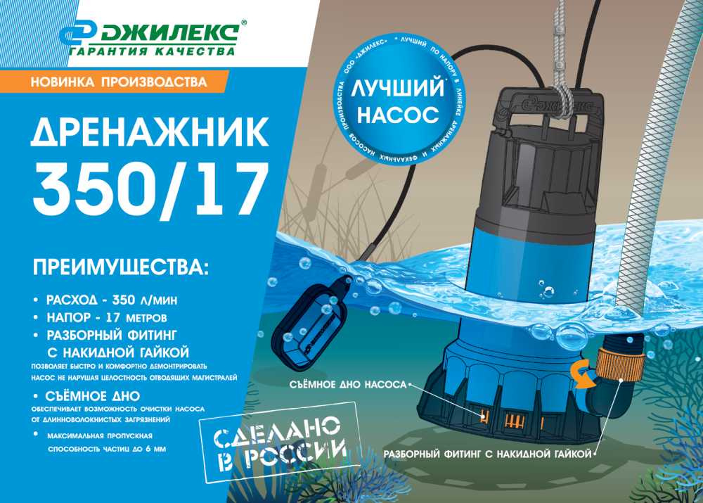 Насос дренажный Джилекс Дренажник 350/17 1200Вт 21000л/час центробежный (в компл.:Переходник "Елочка" на три размера шланга 25/32/40мм) (5150) — миниатюра 6