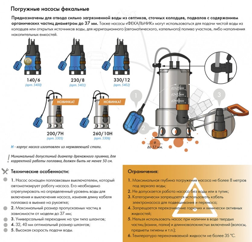 Насос фекальный Джилекс Фекальник 230/8 590Вт 13800л/час центробежный (в компл.:Переходник "Елочка" на три размера шланга 25/32/40мм) (5401) — миниатюра 5