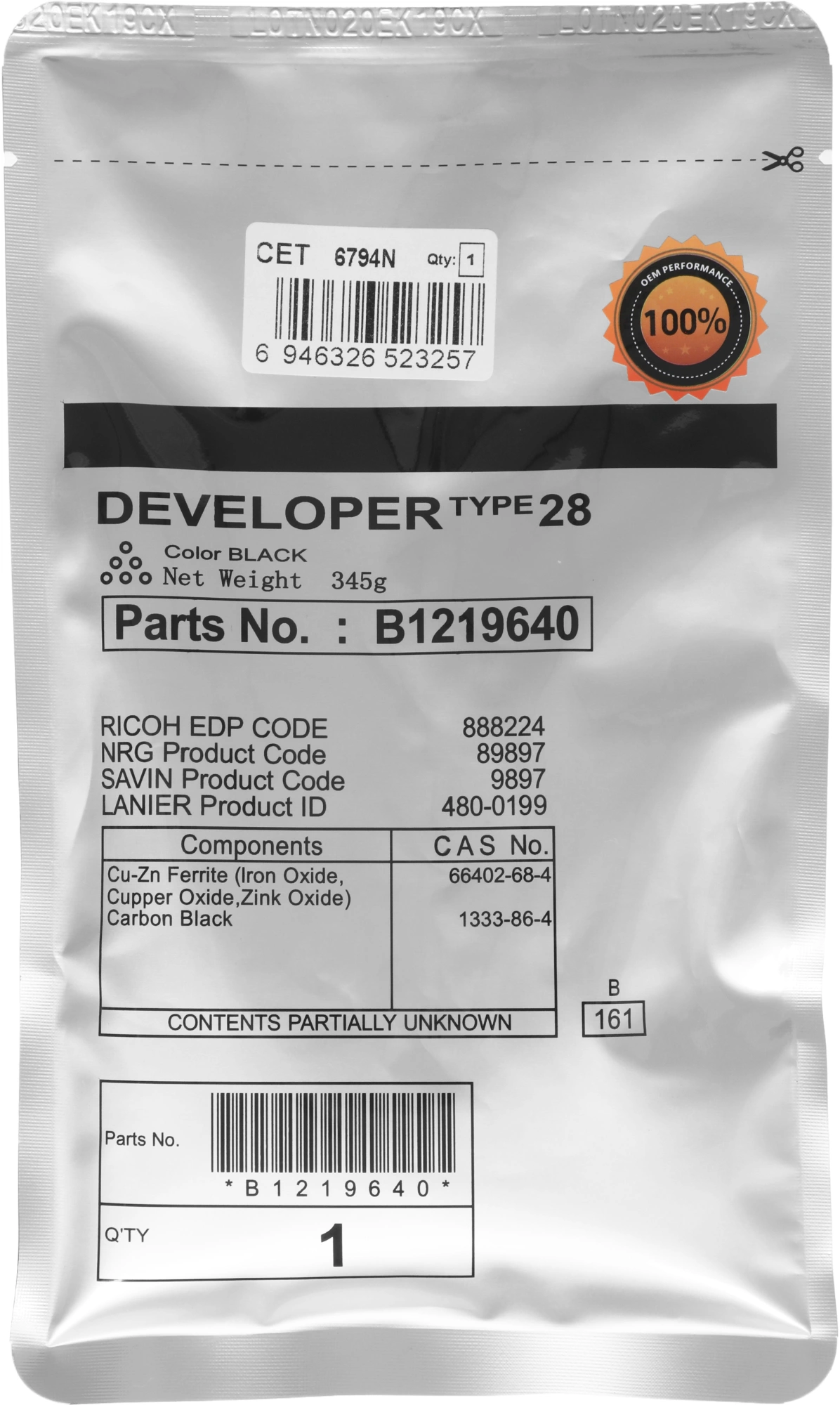 Девелопер Cet CET6794N (B1219645;B1219640) для Ricoh Aficio 1015/2015/1022/2022 MP1500/1600/2000/2001/2501/2500/2510 60000стр. — фото 1