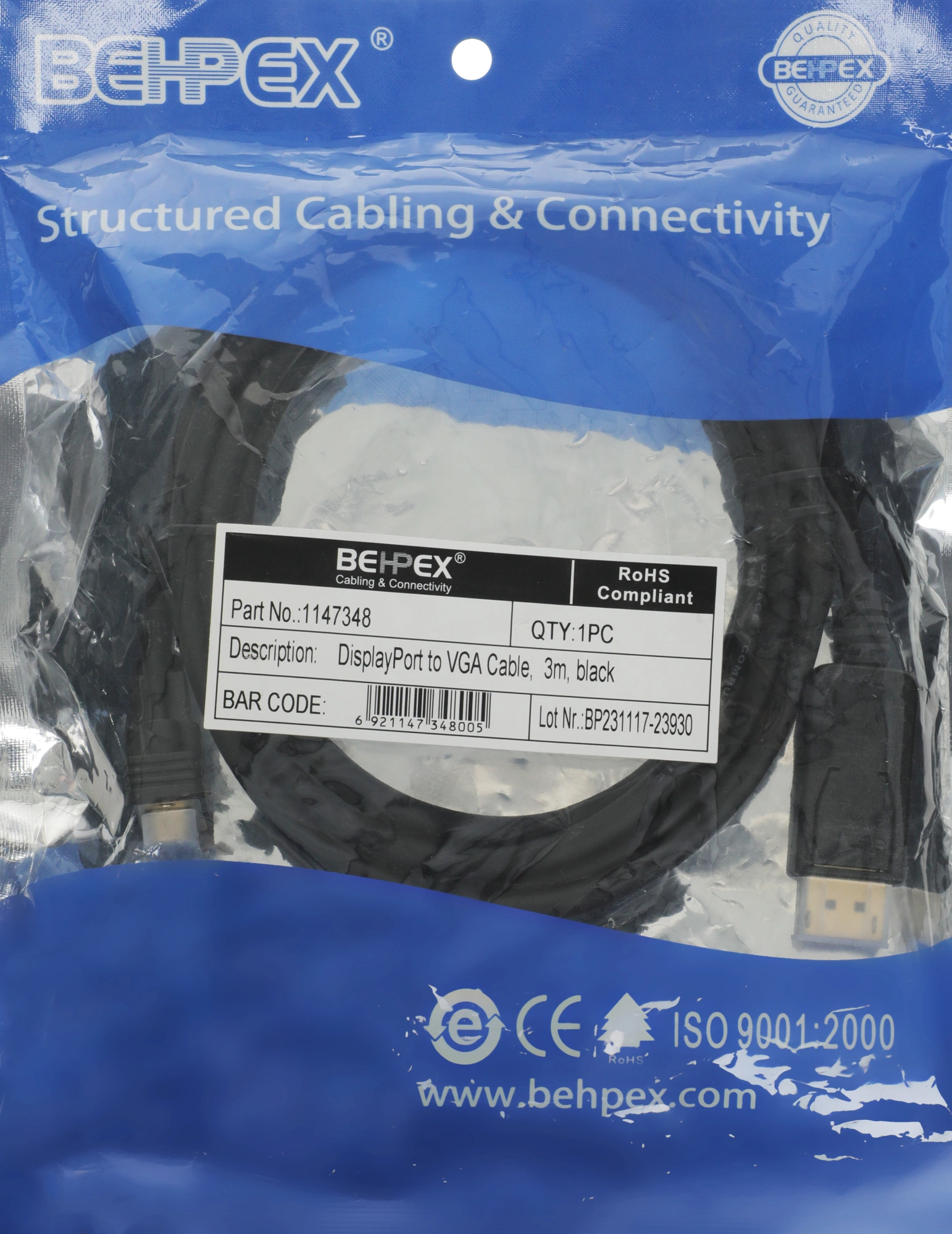 Кабель-переходник видео 1.1v DisplayPort (m)/VGA (m) 3м. черный