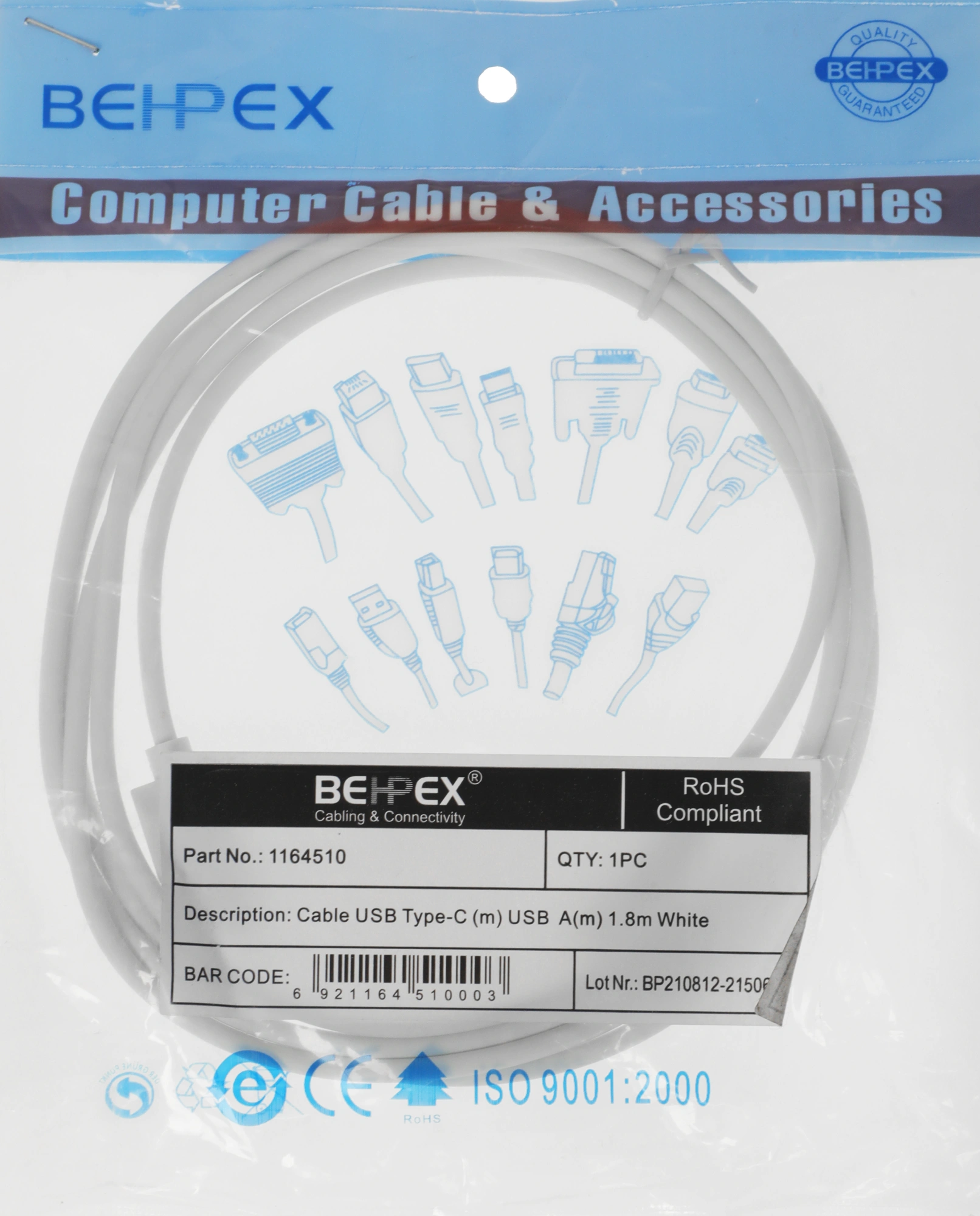 Кабель USB (m)-USB Type-C (m) 1.8м белый — фото 1