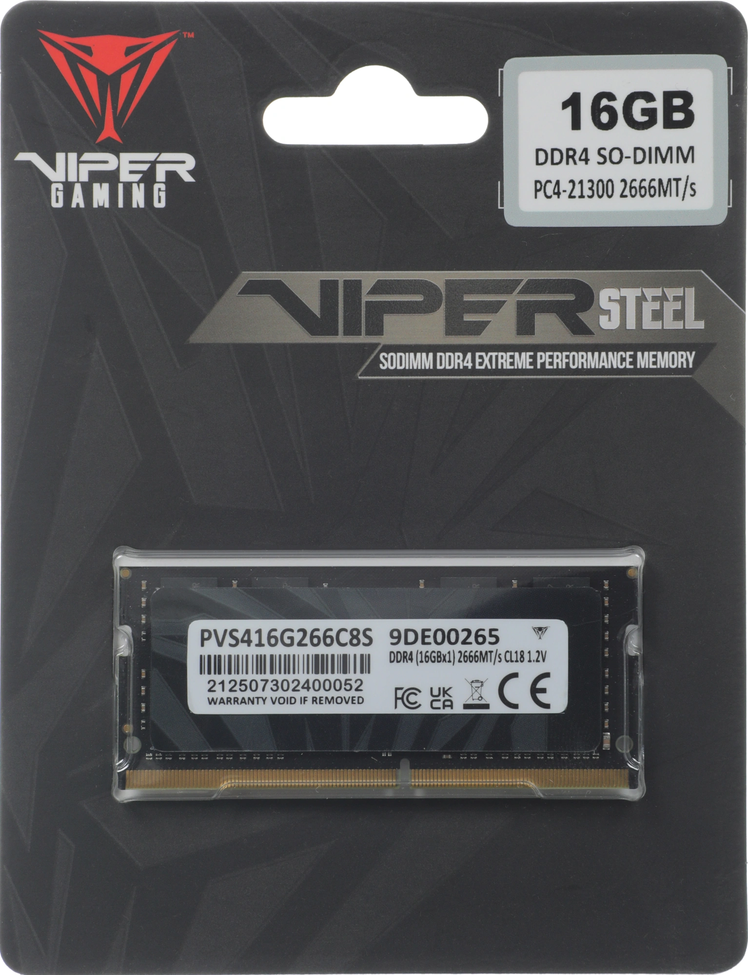 Память DDR4 16GB 2666MHz Patriot PVS416G266C8S Viper Steel RTL PC4-21300 CL18 SO-DIMM 260-pin 1.2В single rank Ret — фото 1