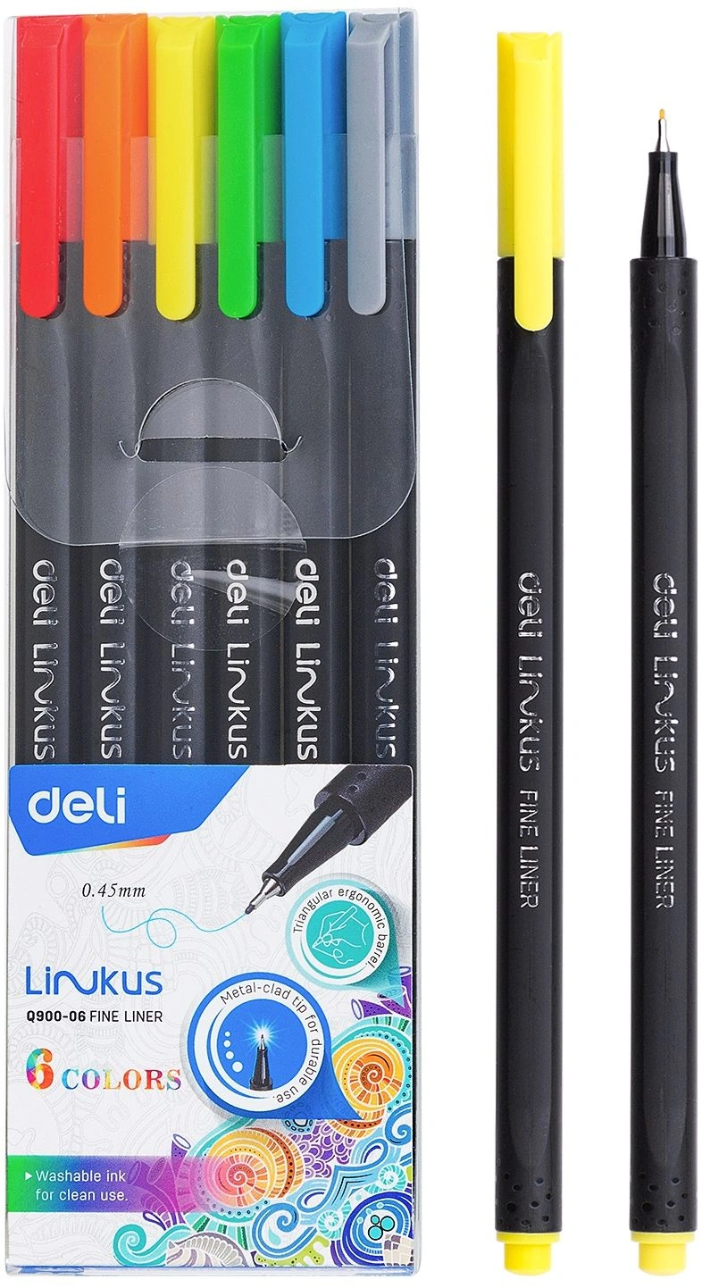Набор ручек капилляр. Deli Linkus (EQ900-06) d=0.45мм ассор. черн. игловидный пиш. наконечник линия 0.45мм 6цв.