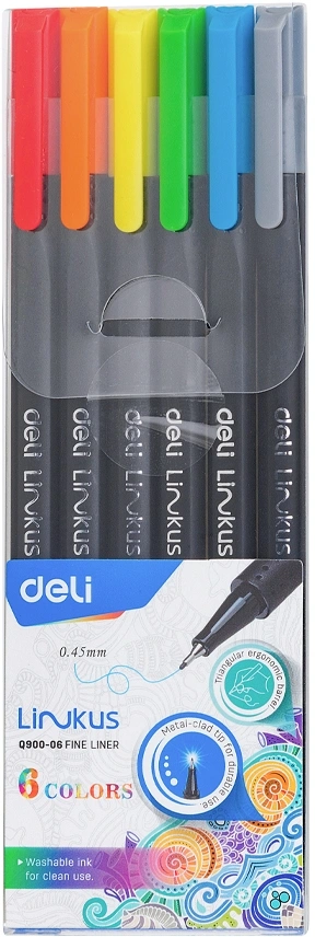Набор ручек капилляр. Deli Linkus (EQ900-06) d=0.45мм ассор. черн. игловидный пиш. наконечник линия 0.45мм 6цв. — миниатюра 4