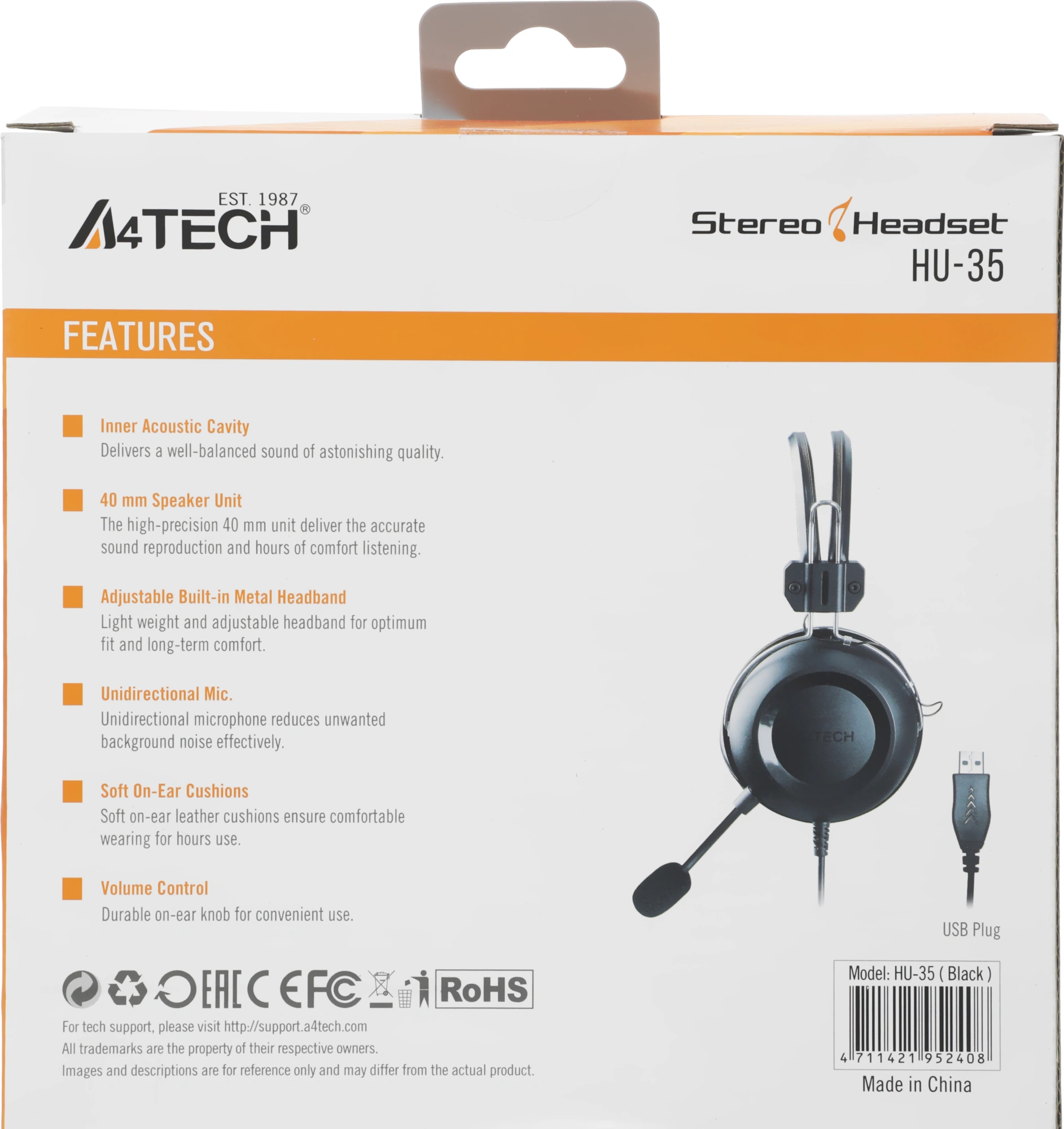 Наушники с микрофоном A4Tech HU-35 черный 2м накладные USB оголовье — миниатюра 2