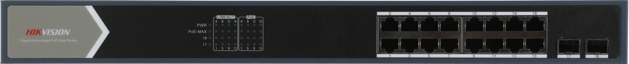 Коммутатор Hikvision DS-3E0518P-E/M(B) (L2) 16x1Гбит/с 2SFP 16PoE 125W неуправляемый — миниатюра 5