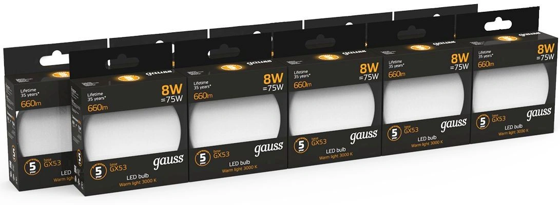 Лампа светодиодная Gauss GX53 8Вт цок.:GX53 таблетка 220B св.свеч.бел.теп. (упак.:1шт) (108408108-D) — миниатюра 7