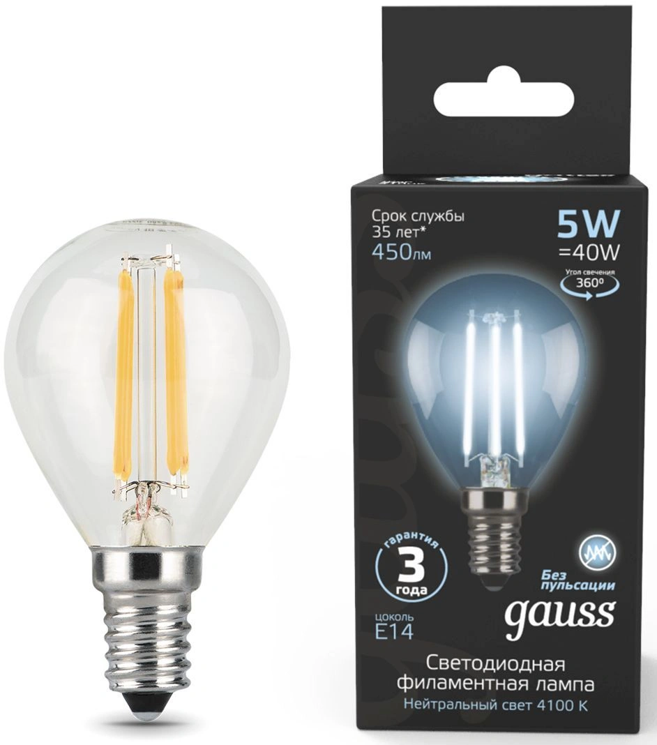 Лампа филам. Gauss Filament 5Вт цок.:E14 свеча 220B св.свеч.бел.нейт. (упак.:1шт) (105801205) — фото 1