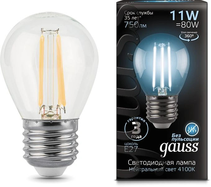 Лампа светодиодная Gauss Filament 11Вт цок.:E27 шар 220B св.свеч.бел.нейт. (упак.:1шт) (105802211)