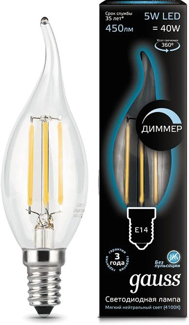 Лампа филам. Gauss Filament 5Вт цок.:E14 свеча 220B св.свеч.бел.нейт. (упак.:1шт) (104801205-D) — фото 1
