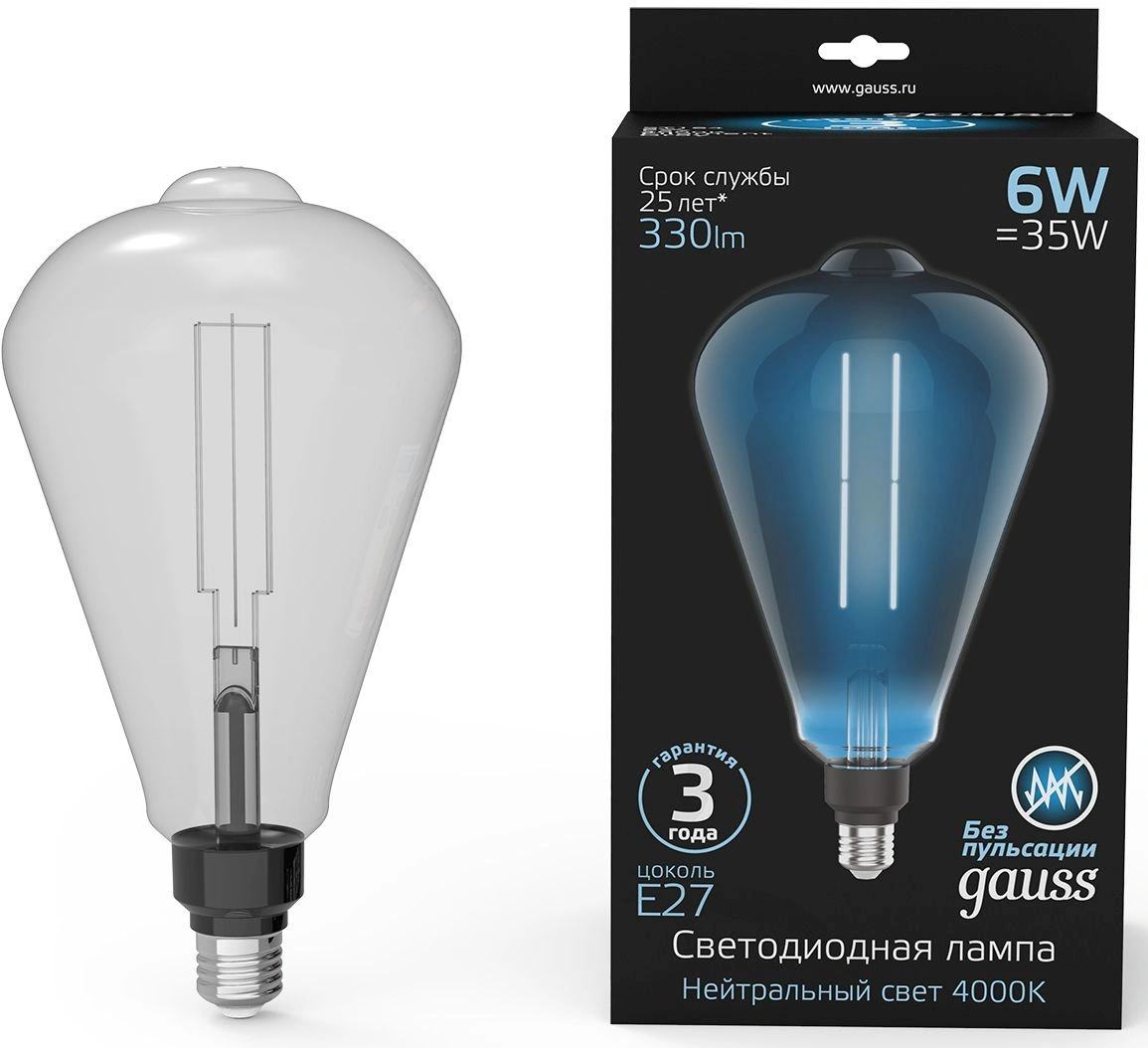 Лампа филам. Gauss Filament Vintage 6Вт цок.:E27 эдисон 220B св.свеч.бел.нейт. (упак.:1шт) (157802205) — фото 1