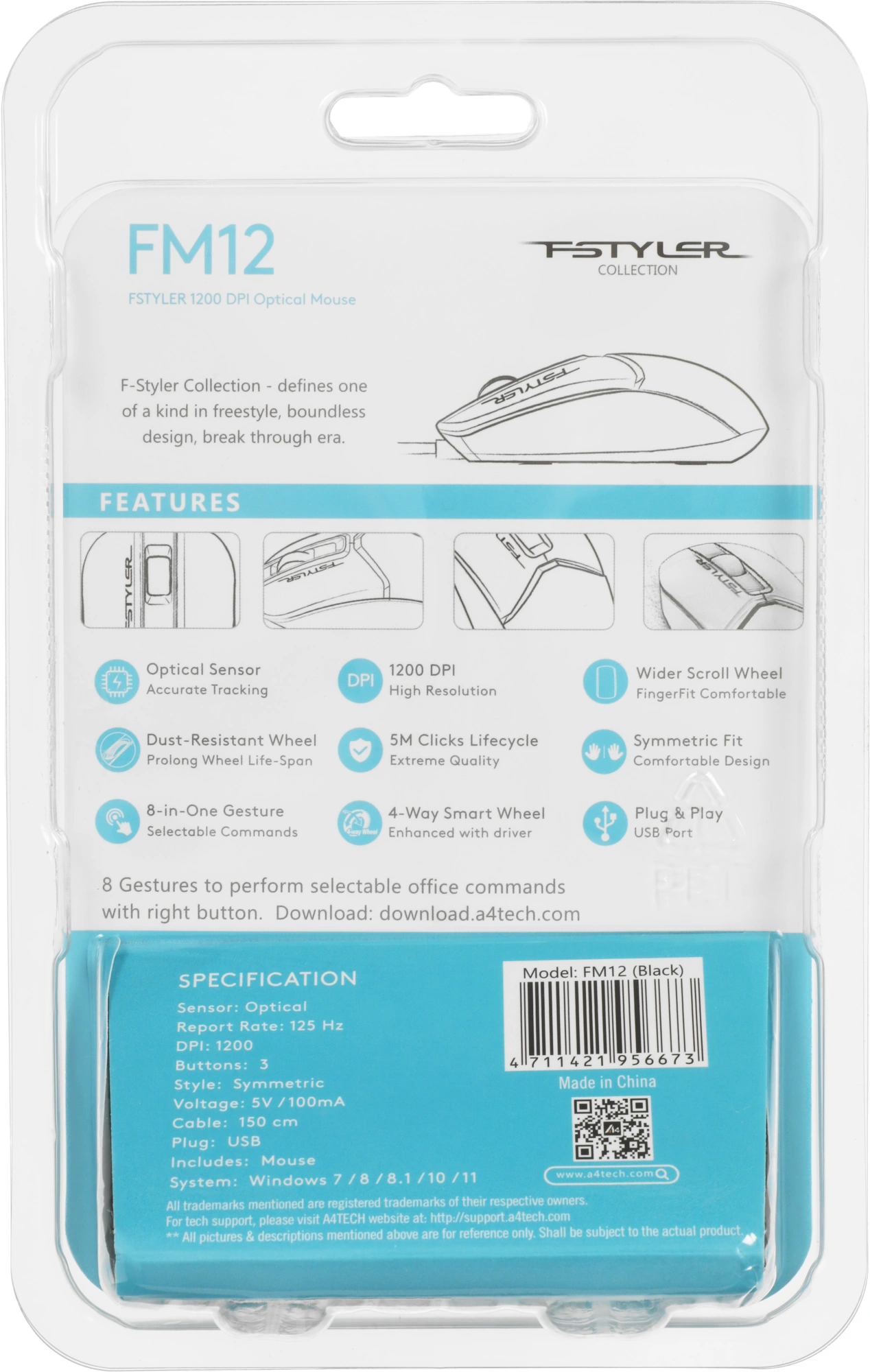 Мышь A4Tech Fstyler FM12 черный оптическая 1200dpi USB 3but (FM12 BLACK) — миниатюра 11