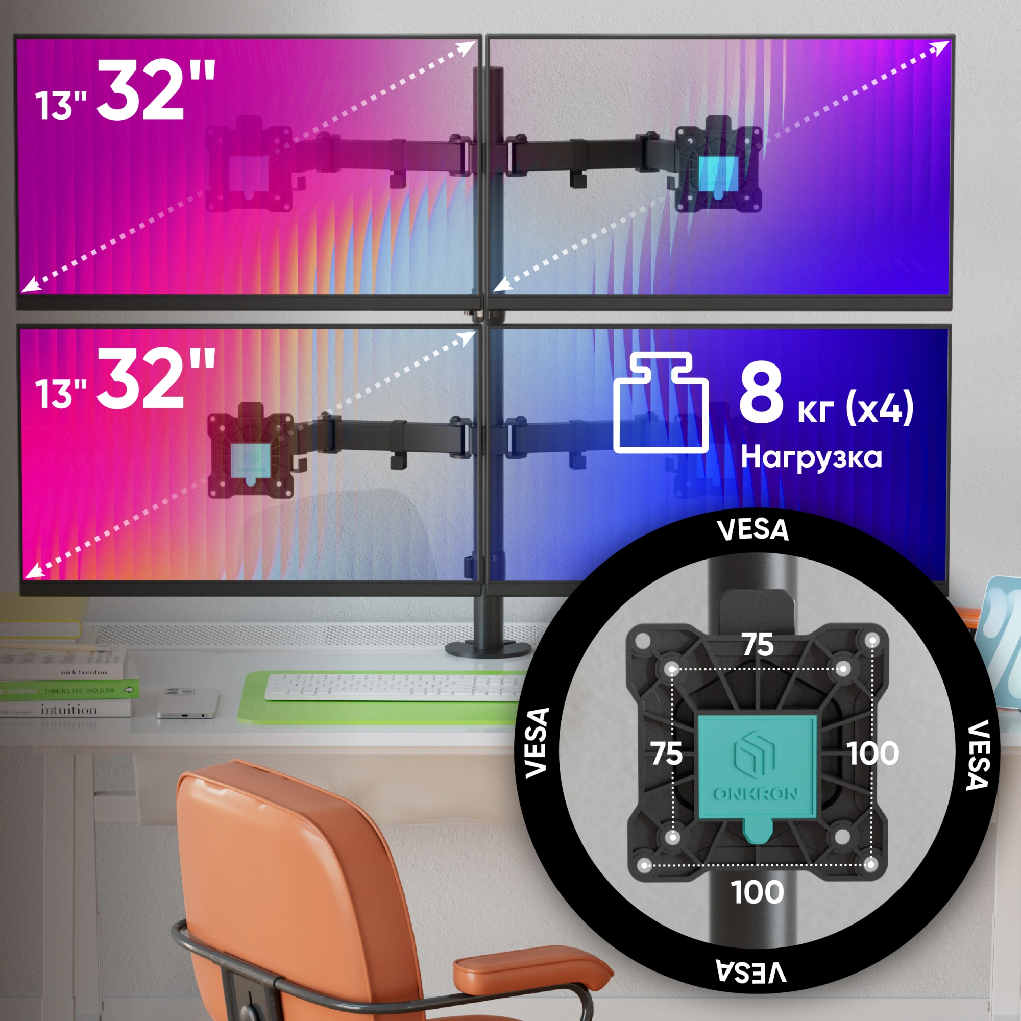 Кронштейн для мониторов Onkron D421E черный 13"-32" макс.32кг настольный поворот и наклон — миниатюра 9